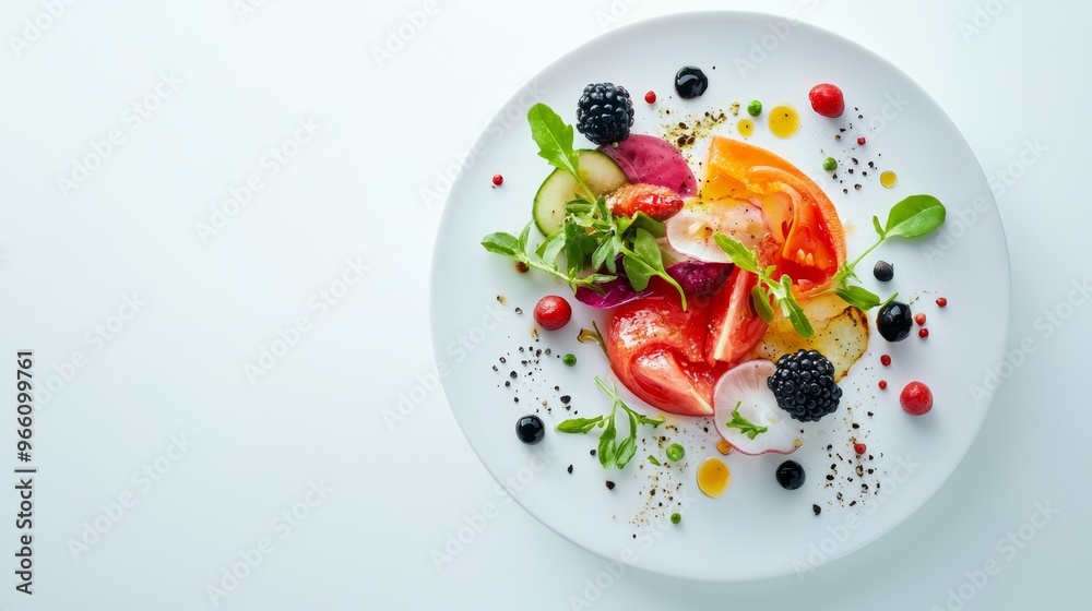 A vibrant salad featuring fresh vegetables and colorful fruits, beautifully arranged on a white plate.