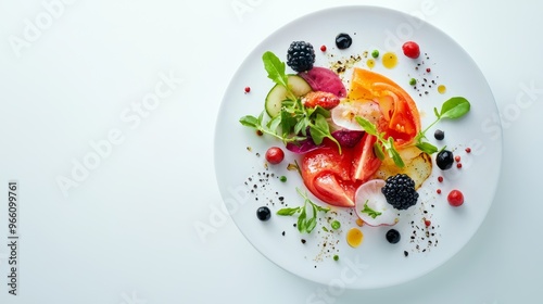 A vibrant salad featuring fresh vegetables and colorful fruits, beautifully arranged on a white plate.