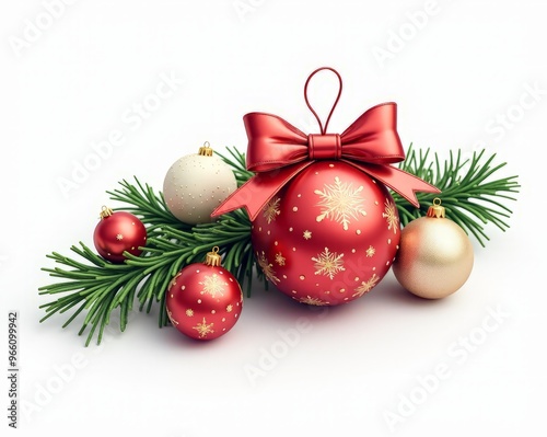 3D Christmas Decorations Balls Fir Tree Branch Candle Bow on white background isolated
