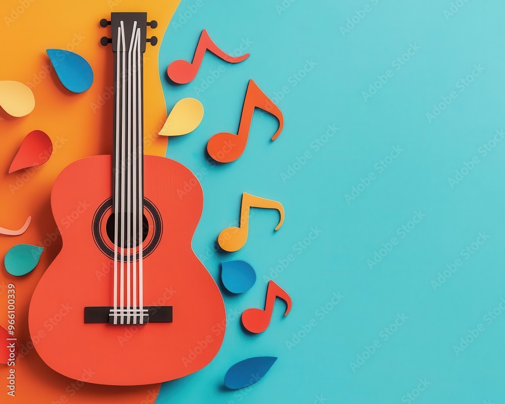 Guitar surrounded by colorful music notes, energetic, bold expression, and high-contrast artwork Guitar surrounded by colorful music notes, energetic, bold expression, and high-contrast artwork