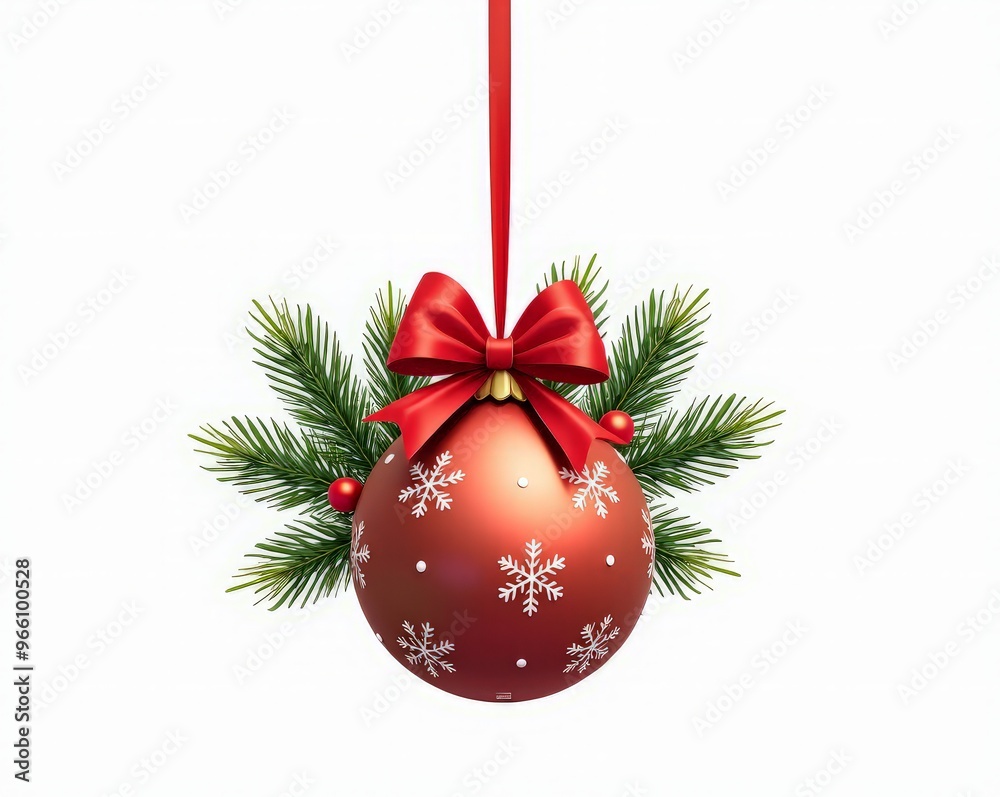 3D Christmas Decorations Balls Fir Tree Branch Candle Bow on white background isolated