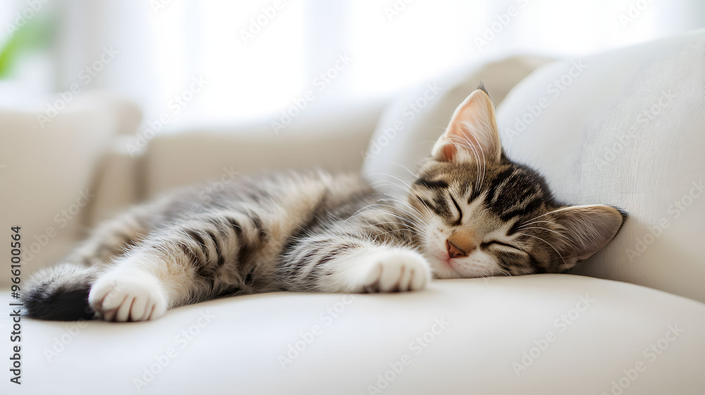 A kitten is lying on a clean white sofa in a white living room 2 A kitten is lying on a clean white sofa in a white living room 2