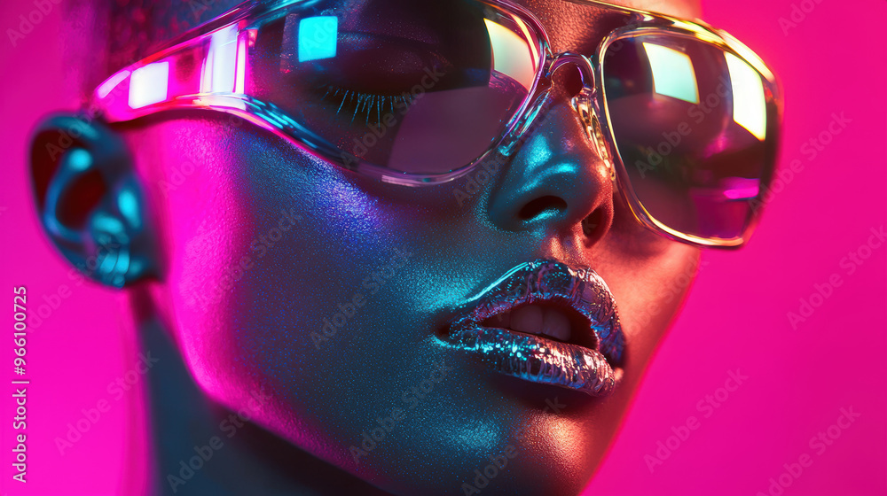 Close up of human face with chrome makeup and stylish sunglasses, showcasing vibrant colors and striking aesthetic. image captures bold and modern look Close up of human face with chrome makeup and stylish sunglasses, showcasing vibrant colors and striking aesthetic. image captures bold and modern look