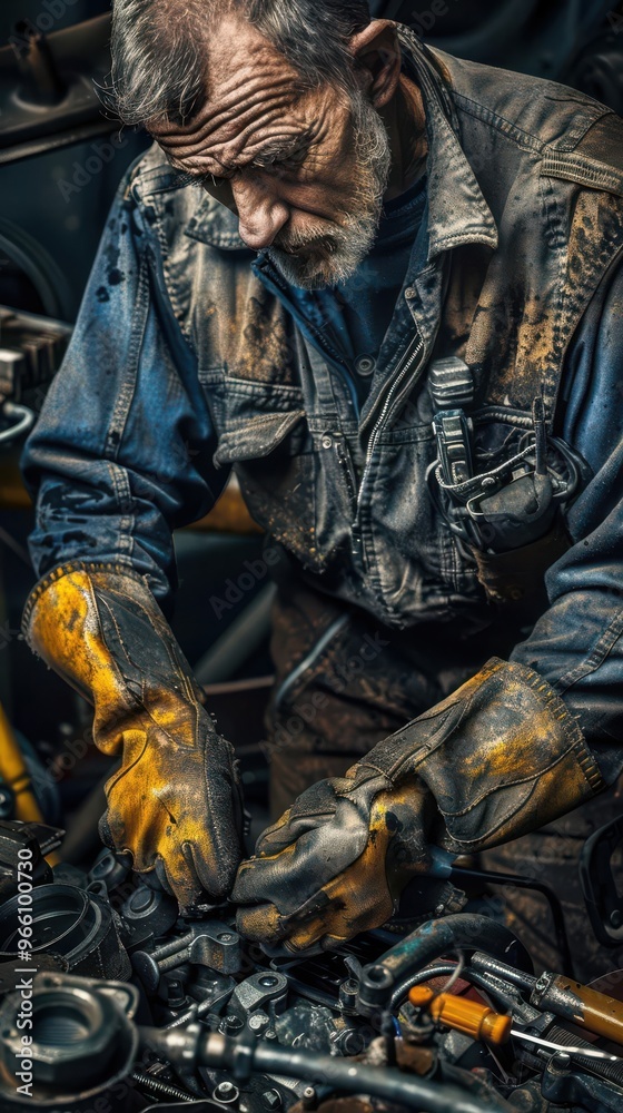 Experienced mechanic in dirty clothes and gloves, working on engine parts with focused concentration in a cluttered garage. Experienced mechanic in dirty clothes and gloves, working on engine parts with focused concentration in a cluttered garage.