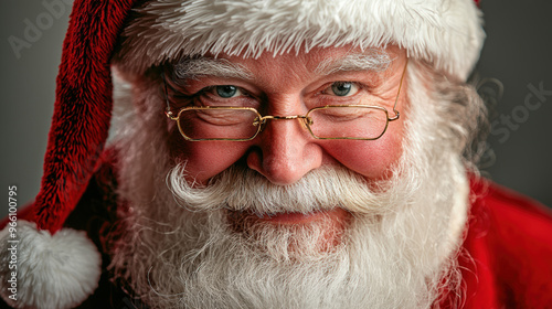 Close up of Santa Clauss face with soft lighting, showcasing his joyful expression and iconic features. warm tones evoke festive spirit