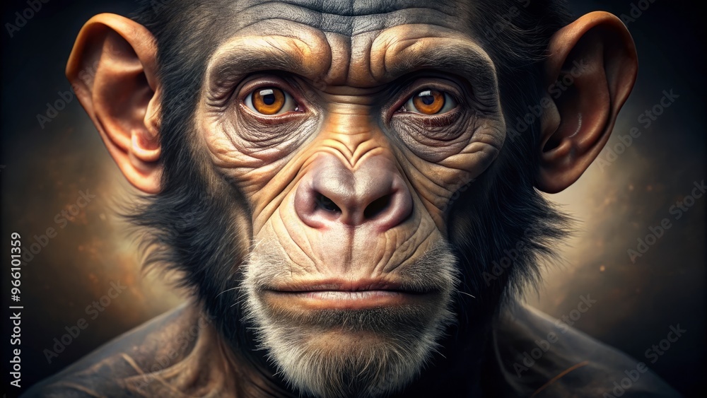 A surreal, digitally composited image featuring a monkey's face morphing into a human face, blending primate features A surreal, digitally composited image featuring a monkey's face morphing into a human face, blending primate features