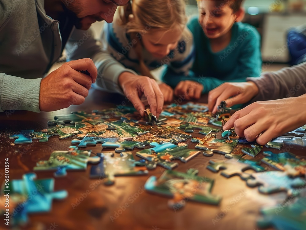 Family working together on a jigsaw puzzle, bonding over a shared activity, focusing on organizing pieces on a wooden table.