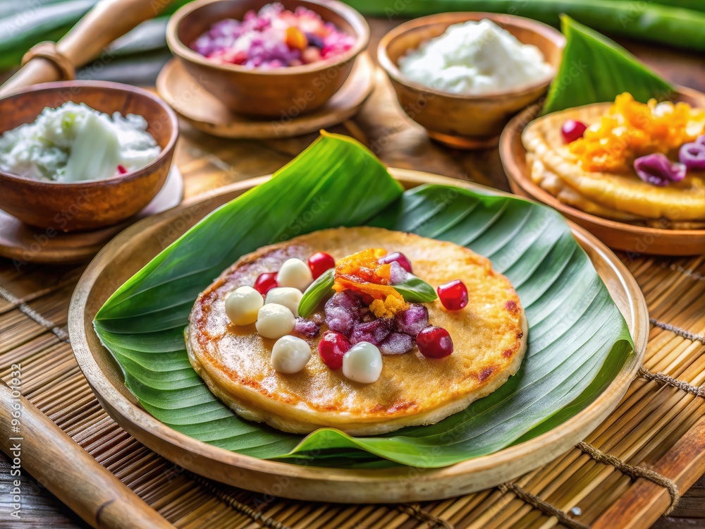 Traditional Southeast Asian Pancake Made With Fermented Rice And Coconut Milk, Served With Sweet Toppings Traditional Southeast Asian Pancake Made With Fermented Rice And Coconut Milk, Served With Sweet Toppings