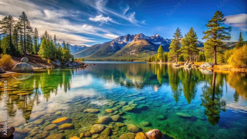 Tranquil, Crystal-Clear Waters Gently Lap Against The Golden Shores Of A Serene Nevada Lake, Surrounded By Towering Mountains And A Hint Of Distant Foliage. Tranquil, Crystal-Clear Waters Gently Lap Against The Golden Shores Of A Serene Nevada Lake, Surrounded By Towering Mountains And A Hint Of Distant Foliage.