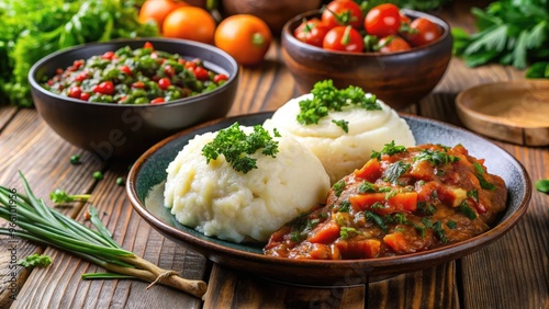 Traditional West African dish of pounded yam, a starchy staple, served with savory soups or stews, garnished with fresh greens and vegetables.