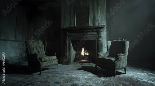 An eerie living room inside a haunted house, featuring a fireplace with no fire, old-fashioned chairs covered in dust, and dark shadows stretching across the floor photo