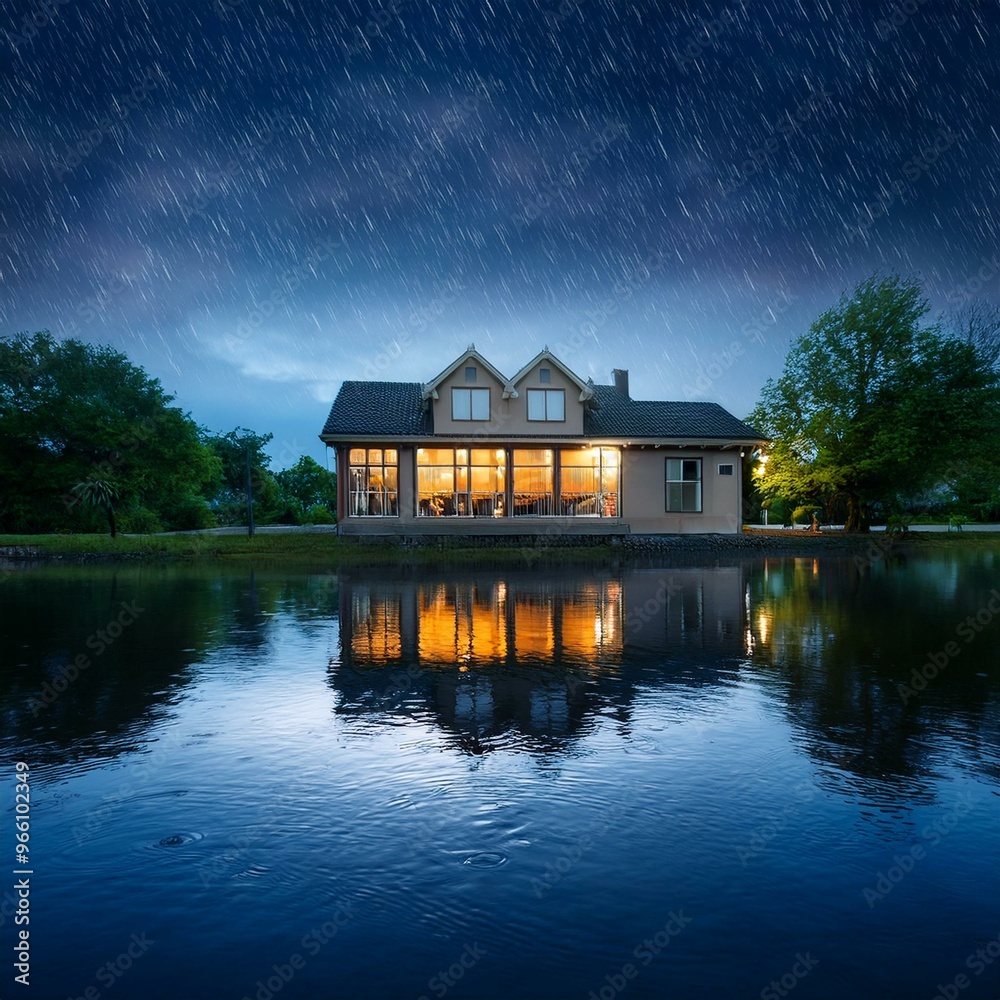 rain scene of house reflected on the water at night rain scene of house reflected on the water at night