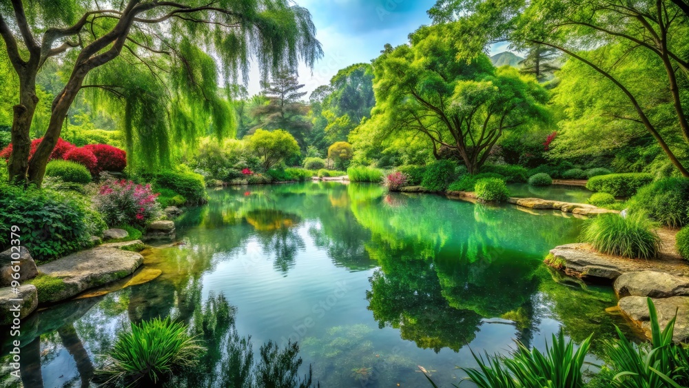 Tranquil Pond Surrounded By Verdant Foliage, Shimmering Water And Lush Greenery Creating A Picturesque Backdrop