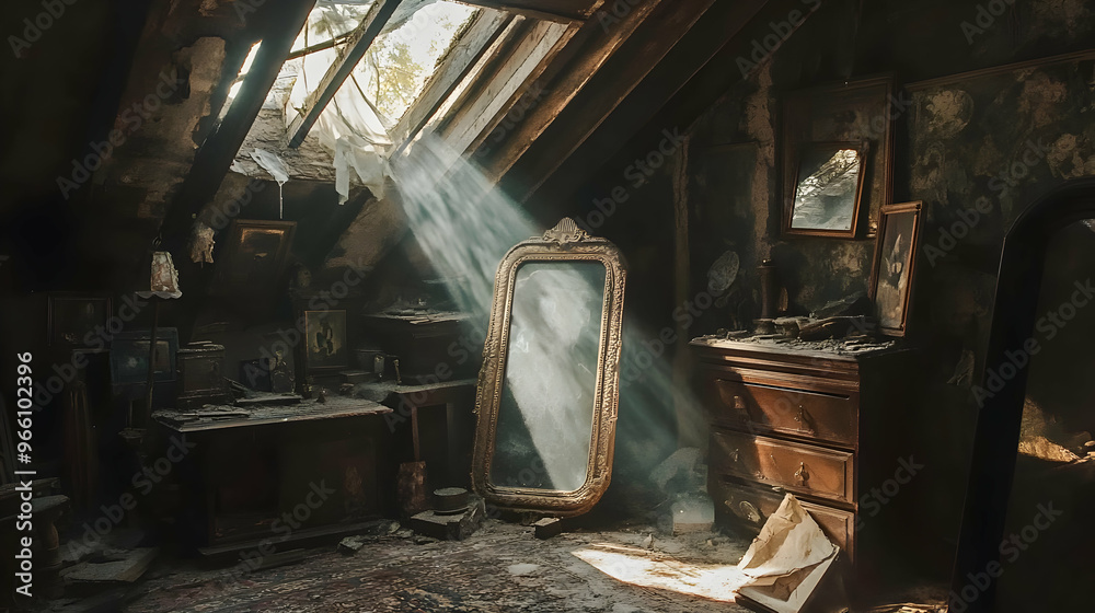 The attic of a haunted house, filled with dusty antiques, a broken mirror, and a single ray of light illuminating the eerie scene The attic of a haunted house, filled with dusty antiques, a broken mirror, and a single ray of light illuminating the eerie scene
