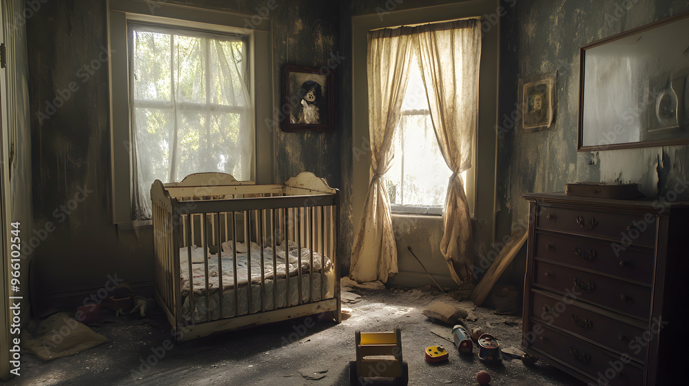 A haunted nursery with an old crib, tattered curtains, and broken toys scattered across the dusty floor A haunted nursery with an old crib, tattered curtains, and broken toys scattered across the dusty floor