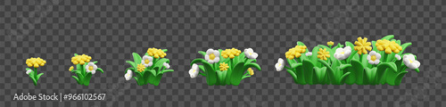 3D bouquets of flowers with white and yellow lipids, icons on a transparent background