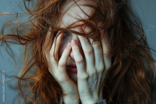 Facepalm woman, disappointment girl, sad covering face with hands, messy hair portrait, overwhelmed people