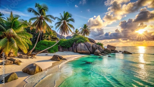 turquoise waters lap against powdery white sand, swaying palm trees, and ancient rock formations, bathed in warm golden sunlight on Tambaba Beach. photo