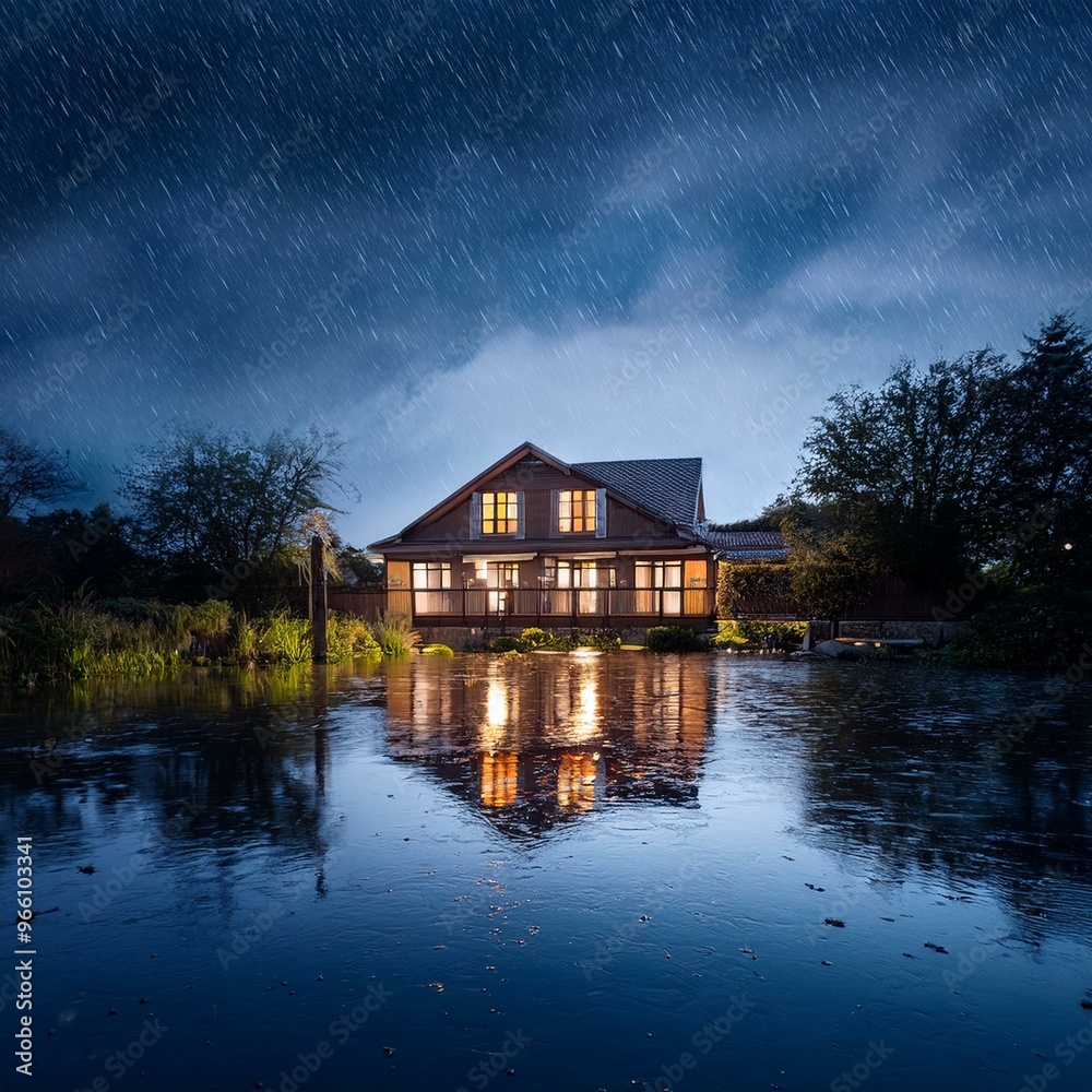 Obraz premium rain scene of house reflected on the water at night