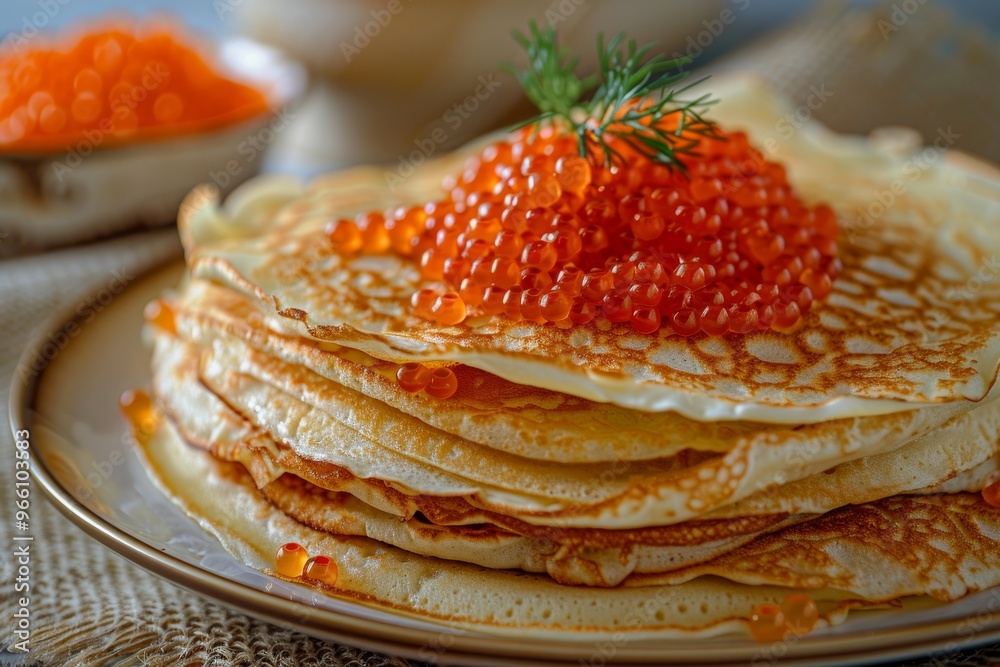 Red Caviar Pancakes, Caviar Crepes Closeup, Gourmet Breakfast, Luxury Blini with Copy Space Red Caviar Pancakes, Caviar Crepes Closeup, Gourmet Breakfast, Luxury Blini with Copy Space