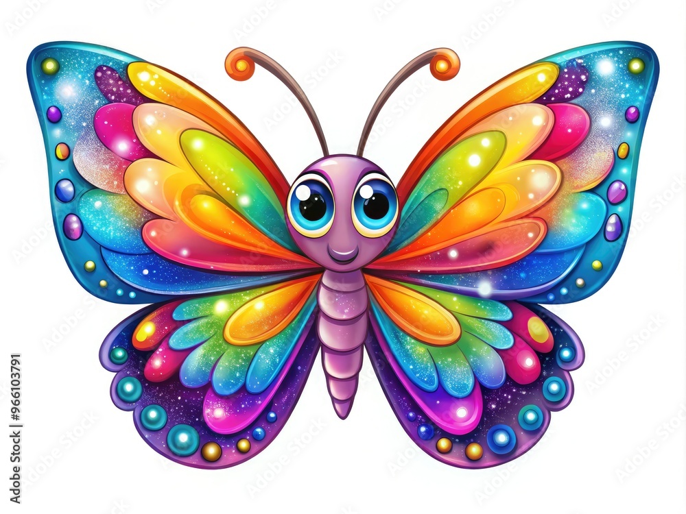 Vibrant, colorful cartoon butterfly with intricate wings and large, sparkling eyes, isolated on a white background, perfect for kid-friendly designs and educational materials. Vibrant, colorful cartoon butterfly with intricate wings and large, sparkling eyes, isolated on a white background, perfect for kid-friendly designs and educational materials.