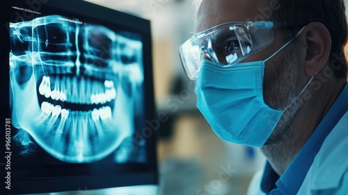 Wallpaper Mural A dentist analyzing a panoramic dental X-ray image on a computer screen in a clinic. The image highlights dental diagnostics and healthcare technology. Torontodigital.ca