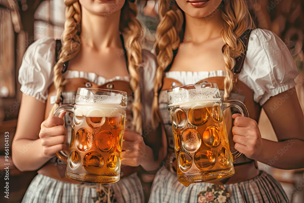 German girls in dirndl holding beer mugs at Oktoberfest, iconic Bavarian festival, traditional German Harvest national carnival German girls in dirndl holding beer mugs at Oktoberfest, iconic Bavarian festival, traditional German Harvest national carnival