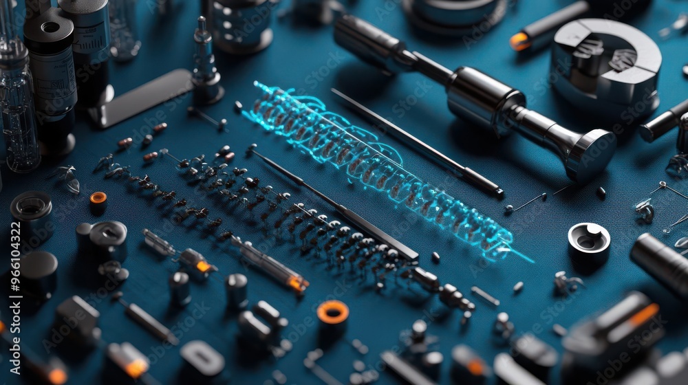 Bioengineering tools, CRISPR and genetic modification equipment, 3D illustration Bioengineering tools, CRISPR and genetic modification equipment, 3D illustration