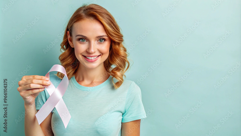 Young woman with Breast cancer ribbon Young woman with Breast cancer ribbon