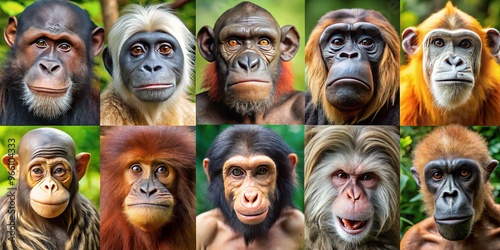 A vibrant collage showcasing various monkey species, including capuchin, gorilla, orangutan, chimpanzee, and more, photo