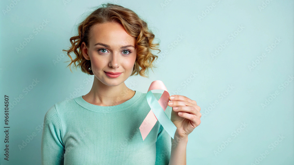 Young woman with Breast cancer ribbon Young woman with Breast cancer ribbon