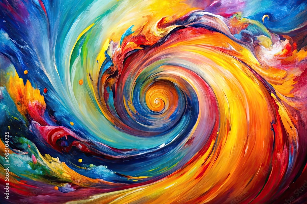 Vibrant abstract painting with swirling colors, textures, and shapes, evoking a sense of creative freedom and artistic expression, against a stark white background.