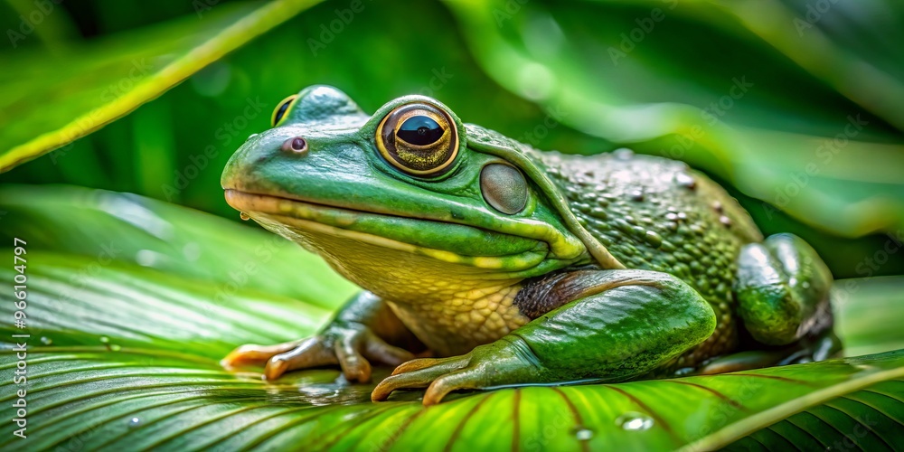A vibrant green East Asian bullfrog rests on a large leaf in a serene forest habitat, its bright A vibrant green East Asian bullfrog rests on a large leaf in a serene forest habitat, its bright
