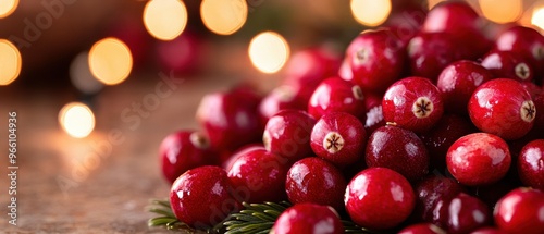 Fresh cranberries arranged on wooden surface with festive bokeh lights, ideal for seasonal culinary and holiday themes.