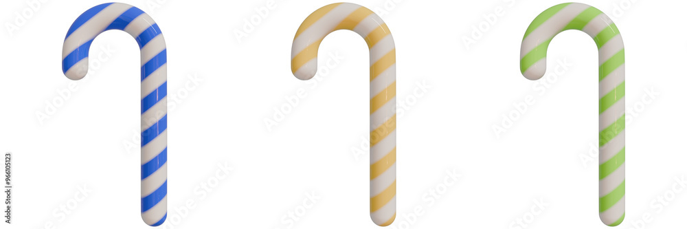 set of 3d christmas icons, three colorful candy canes with vibrant stripes, showcasing light blue, light orange, light limegreen against an isorated background set of 3d christmas icons, three colorful candy canes with vibrant stripes, showcasing light blue, light orange, light limegreen against an isorated background