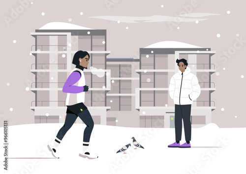 A winter day in the neighborhood where joggers embrace the chill, showcasing resilience amidst snow-covered buildings and playful pigeons