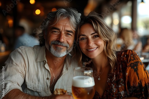 Middle-aged couple enjoying a beer together at a cozy restaurant
