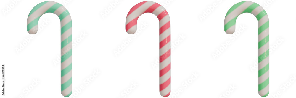 set of 3d christmas icons, three colorful candy canes with vibrant stripes, showcasing pale teal, light red, pale green against an isorated background set of 3d christmas icons, three colorful candy canes with vibrant stripes, showcasing pale teal, light red, pale green against an isorated background