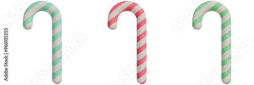 set of 3d christmas icons, three colorful candy canes with vibrant stripes, showcasing pale teal, light red, pale green against an isorated background