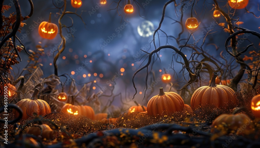 Naklejka premium Whimsical Halloween scene with glowing jack-o'-lanterns and full moon in mysterious twisted forest, orange pumpkins decor illuminated.