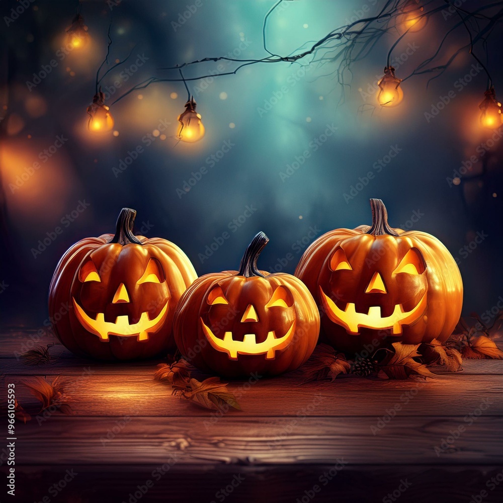 3 halloween pumpkins on a wooden table with Halloween lights, misty atmosphere
