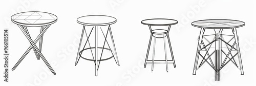 Tables sketched set, different line drawing desks, square and round tables, furniture doodles