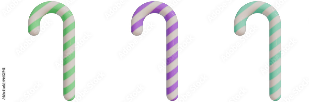 set of 3d christmas icons, three colorful candy canes with vibrant stripes, showcasing pale limegreen, pale magenta, pale teal against an isorated background set of 3d christmas icons, three colorful candy canes with vibrant stripes, showcasing pale limegreen, pale magenta, pale teal against an isorated background