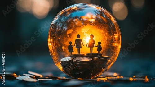 Guarding Financial Future - Shield of Coins Protecting Family Silhouette Symbolizing Wealth Growth and Security