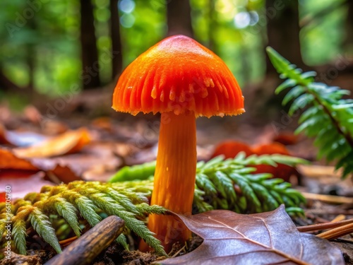 A vibrant orange devil's tooth mushroom with distinctive red-orange cap and white gills grows solitary on forest floor photo