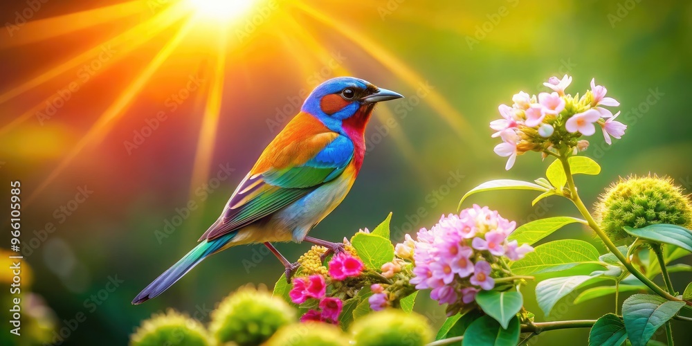 Fototapeta premium Vibrant Bird Perched On A Delicate Flower, Surrounded By Lush Greenery And Warm Sunlight.