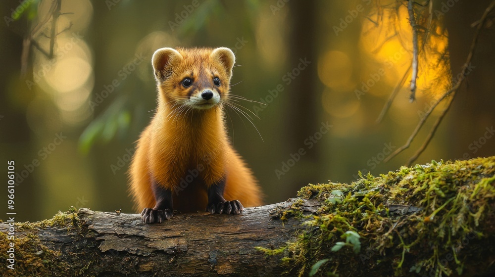 Red panda standing on a mossy log in a forest with soft sunlight Red panda standing on a mossy log in a forest with soft sunlight