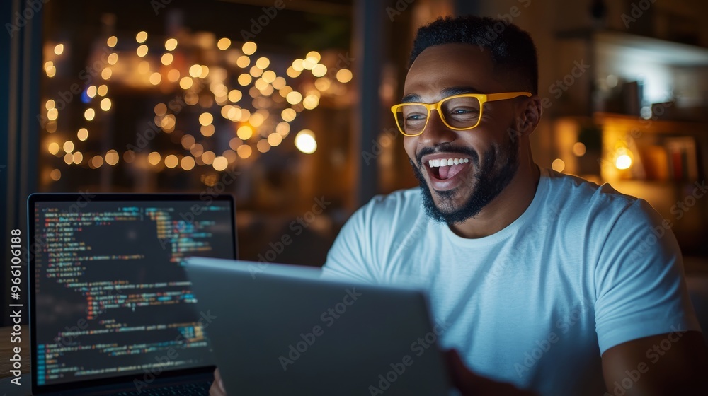 Young Man With Glasses Enjoys Coding on Tablet at Home During Evening Hours Young Man With Glasses Enjoys Coding on Tablet at Home During Evening Hours