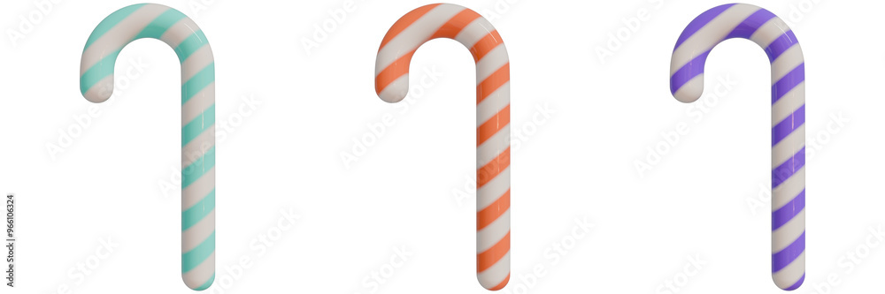 set of 3d christmas icons, three colorful candy canes with vibrant stripes, showcasing pale teal, light orange, light purple against an isorated background set of 3d christmas icons, three colorful candy canes with vibrant stripes, showcasing pale teal, light orange, light purple against an isorated background