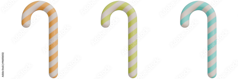 set of 3d christmas icons, three colorful candy canes with vibrant stripes, showcasing light orange, light yellow, pale cyan against an isorated background set of 3d christmas icons, three colorful candy canes with vibrant stripes, showcasing light orange, light yellow, pale cyan against an isorated background
